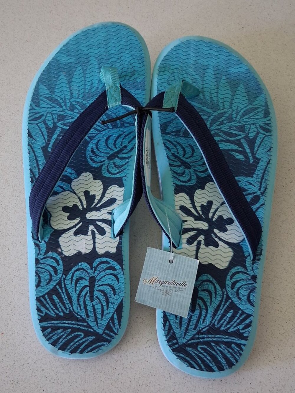 Margaritaville Teal Blue Tropical Island Floral Cushioned Thong Sandals Sz 8